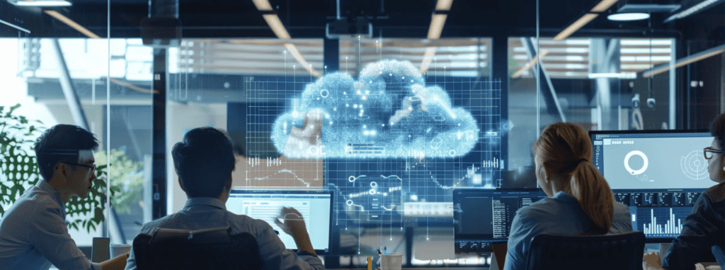 IT professionals collaborating in an office with a digital cloud display and data analytics on monitors, representing Azure Cloud Management benefits like scalability, data security, and digital transformation.
