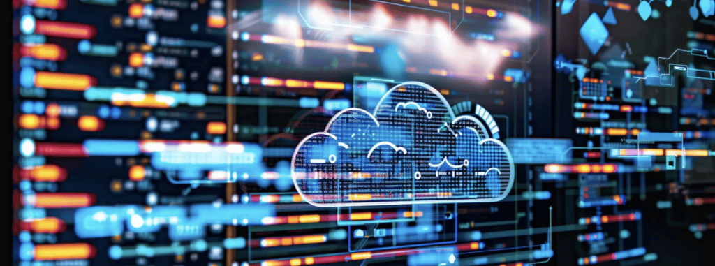Data visualization of cloud technology for Azure cloud migration, highlighting digital data transfer and cloud infrastructure for modern businesses.
