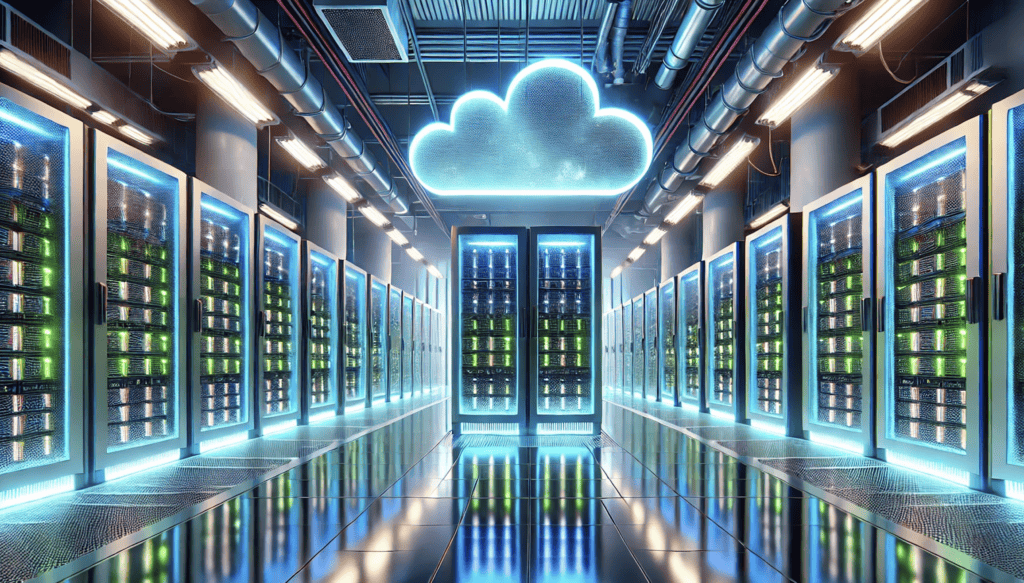 Azure cloud data center with glowing server racks, vibrant blue and green lighting, polished floors, and advanced technology for efficient cloud computing.