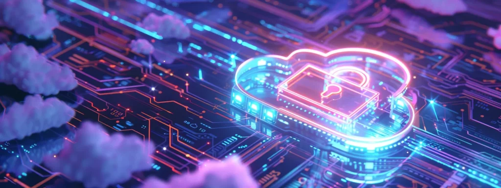 A vibrant digital illustration of a secure cloud environment, featuring a glowing neon lock embedded within a cloud icon. The background showcases a futuristic circuit board design with bright blue and purple hues, symbolizing advanced technology and cybersecurity.