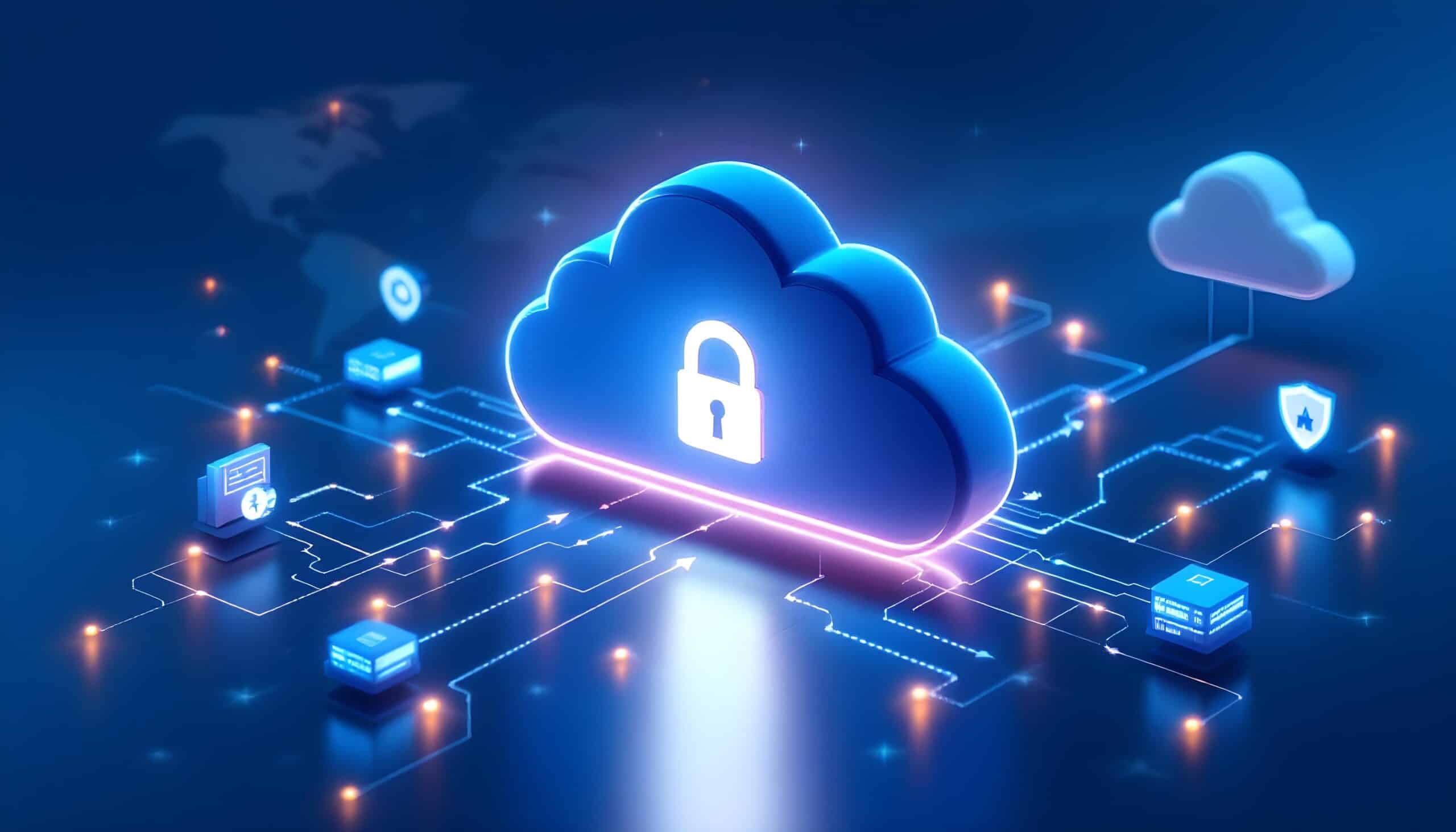 Secure Azure cloud infrastructure illustration featuring a central cloud icon with a lock, symbolizing reliability and data security. The image highlights interconnected servers, glowing pathways for redundancy and failover mechanisms, and a faint world map to represent global connectivity and uptime in cloud environments.