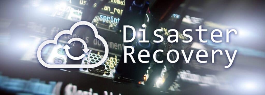 Disaster Recovery concept with a cloud icon and server room background, symbolizing data protection and backup disaster recovery plan.