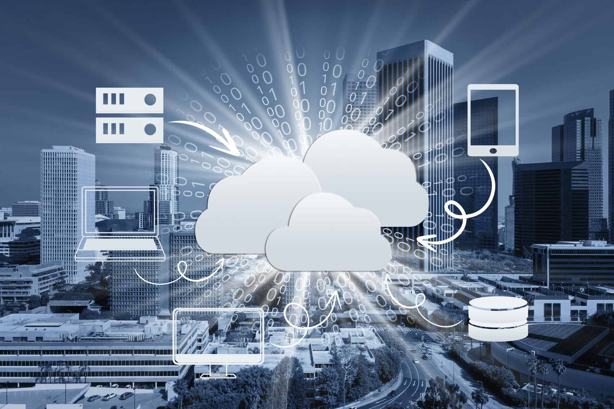 Illustration of cloud computing with data flow icons connecting laptops, servers, and mobile devices, set against a cityscape background.