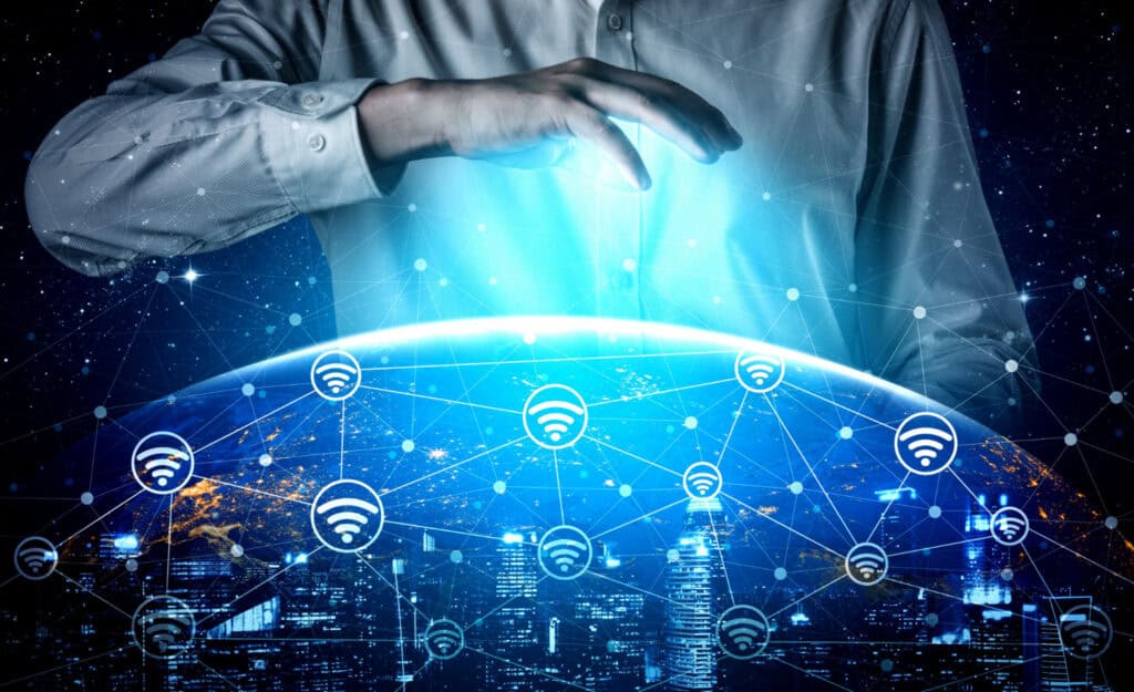 A digital network graphic representing network monitoring services, illustrating real-time data tracking and cybersecurity threat detection for business IT infrastructure.
