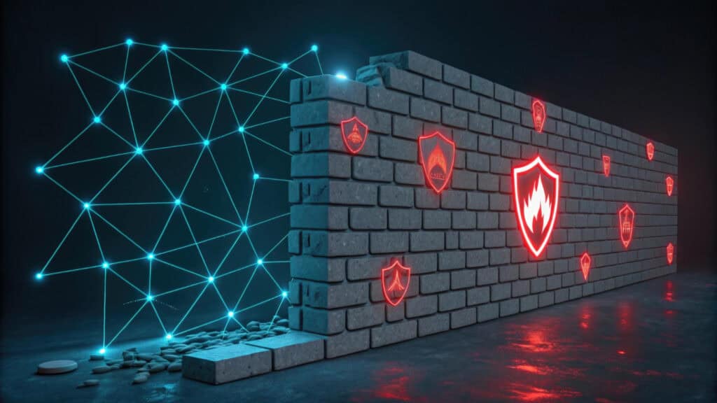 A digital visualization of managed firewall services, featuring a partially broken brick wall with glowing red security shield icons and a blue interconnected network, symbolizing cybersecurity protection against cyber threats and unauthorized intrusions.