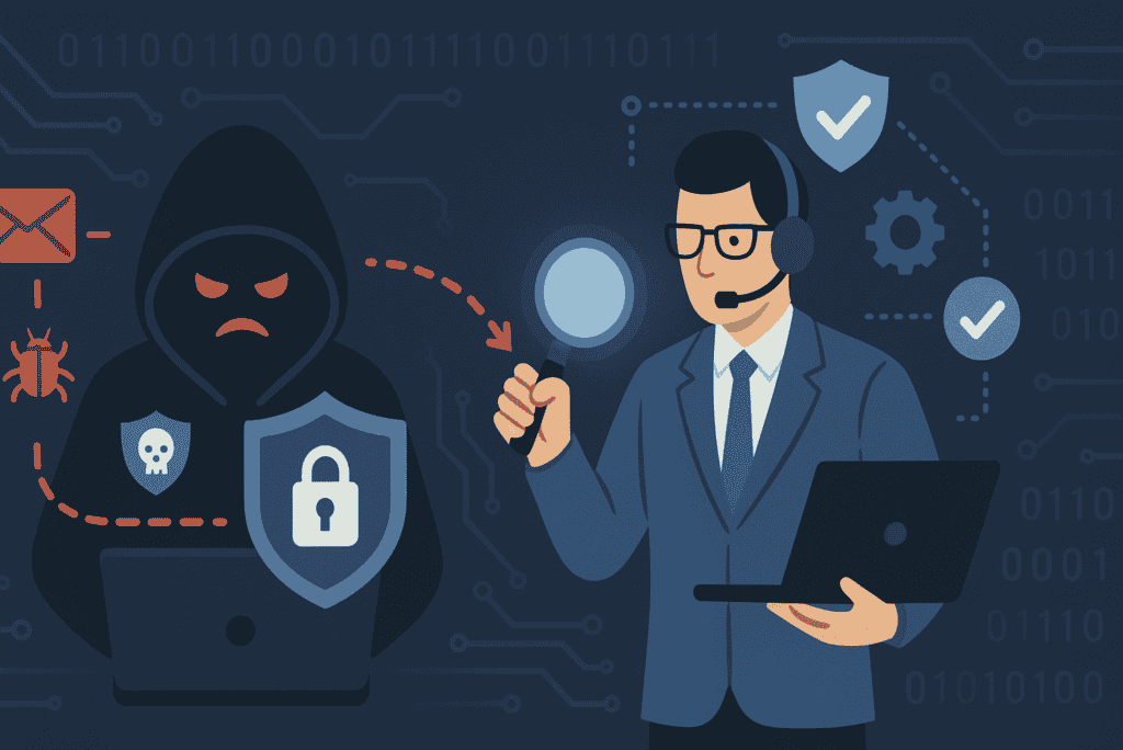 Graphic illustration of a shield protecting a small business network from cyber threats, symbolizing the importance of proactive cybersecurity for SMBs.